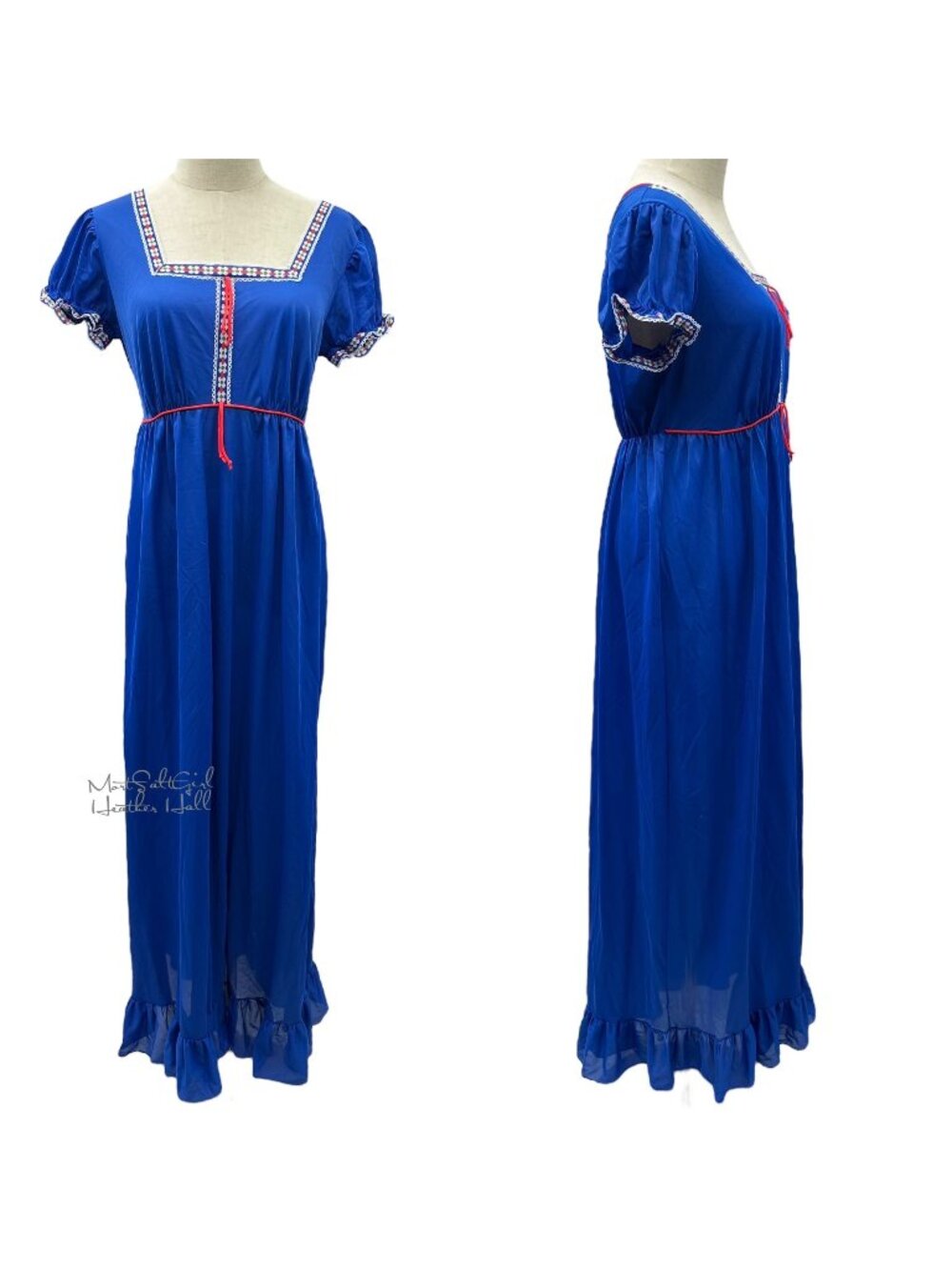 Vintage Lorraine Blue Boho Maxi Dress w/ Embroidered Trim & Ruffle Hem